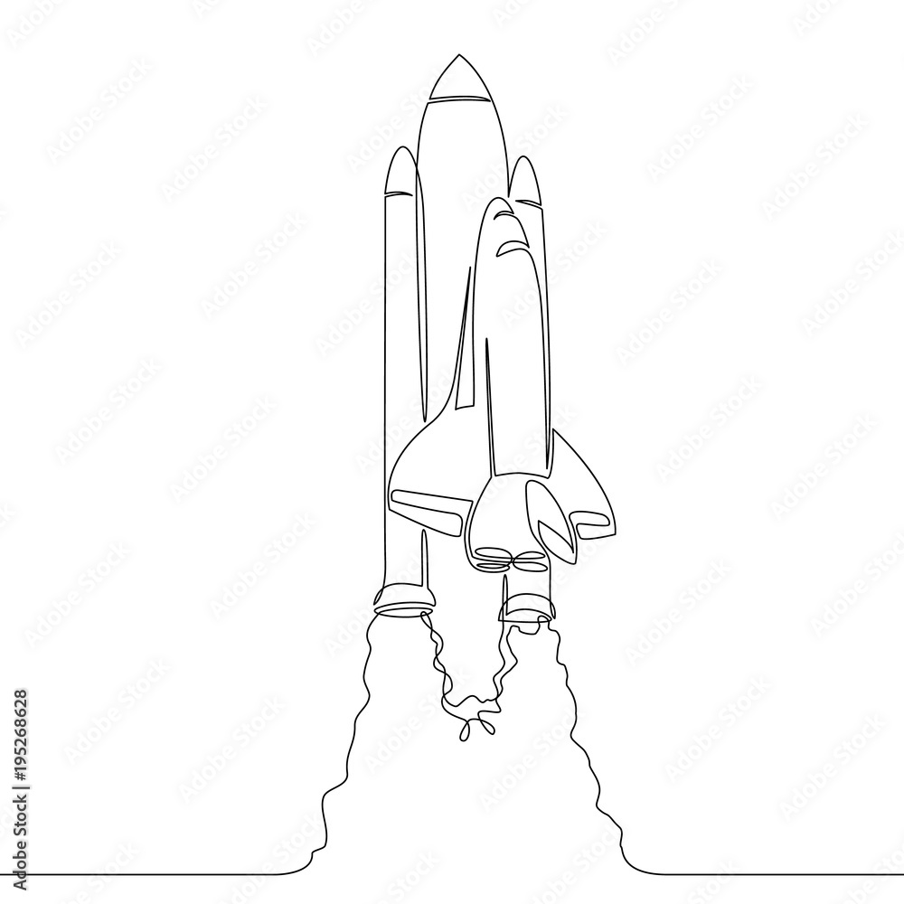Continuous single drawn one-line shuttle starts from the cosmodrome