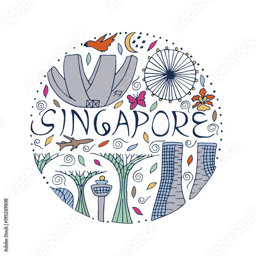 Culture and architecture of Singapore. Color symbols vector illustration.