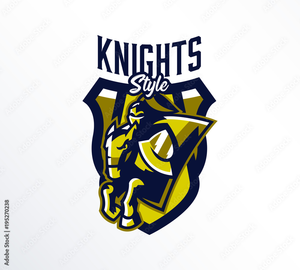 Logo, emblem, sticker, badge of a knight galloping on a horse. A warrior in iron armor, a swordsman, a crusader, a hero, a mascot, a stallion, a shield. T-shirt printing, vector illustration Logo, emblem, sticker, badge of a knight galloping on a horse. A warrior in iron armor, a swordsman, a crusader, a hero, a mascot, a stallion, a shield. T-shirt printing, vector illustration