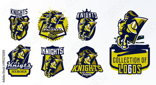 A set of logos, emblems, stickers, badges of a knight galloping on a horse. Warrior in iron armor, swordsman, crusader, hero, mascot, stallion, shield. T-shirt printing, vector illustration