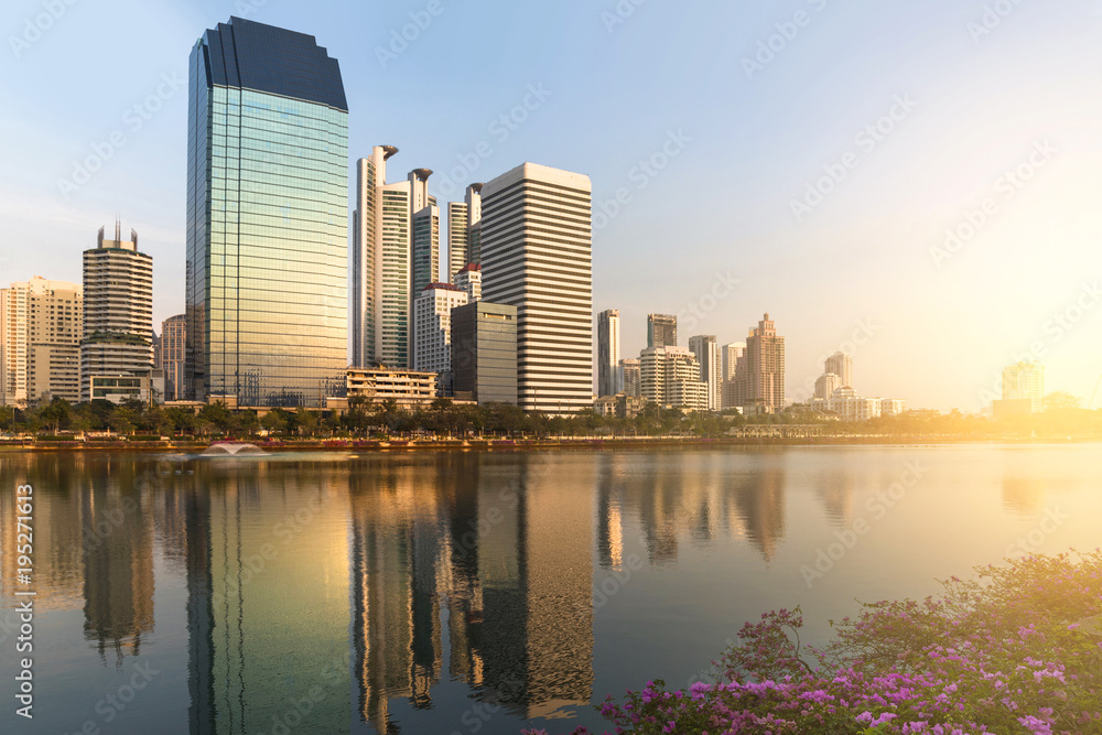 Beautiful cityscape - modern buildings near the Benjakitti Park in Bangkok.