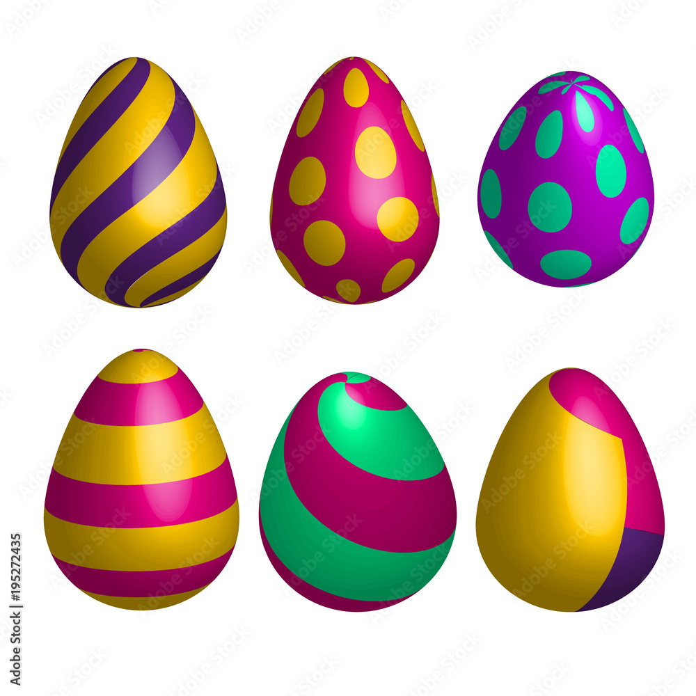 Vector set of realistic happy easter eggs in different forms isolated. 3D illustration