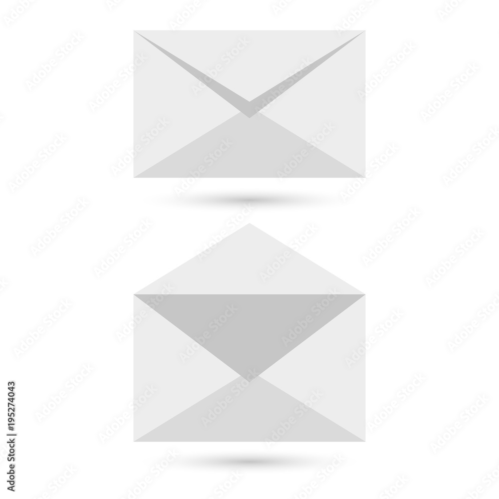 Two blank envelopes - opened an closed, with soft shadows, on gray background Two blank envelopes - opened an closed, with soft shadows, on gray background