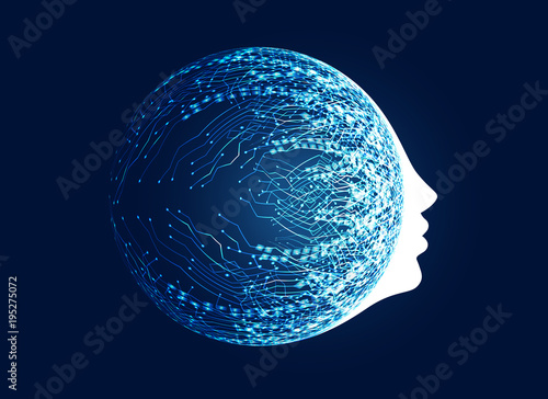 digital face with circuit network concept for machine learning and artificial intelligence