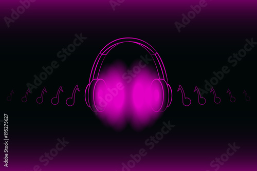 Bright glowing neon headphones isolated on pink background, music concept. Banner. Low poly illustration.