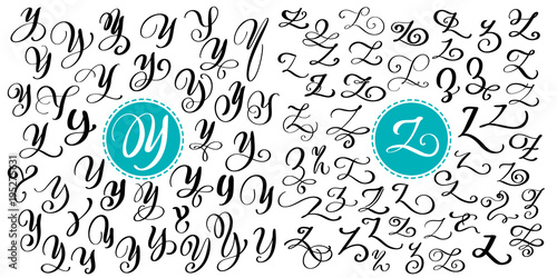 Hand drawn vector calligraphy letter Y, Z. Script font. Isolated letters written with ink. Handwritten brush style. Hand lettering for logos packaging design poster