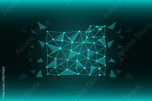 A file folder of lines and triangles, a network connection point on a blue background. A scattering of debris from the folder on the left and right. Illustration. Wallpaper