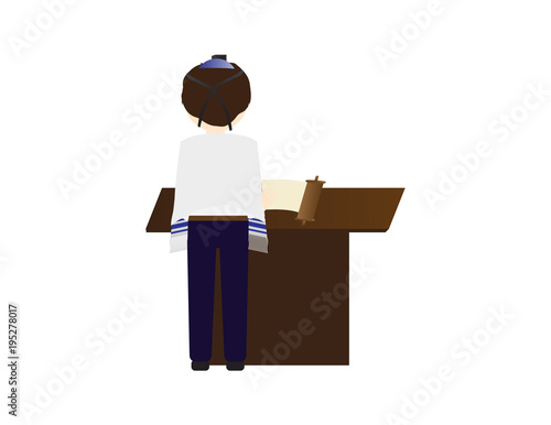 Jewish boy learning for Bar mitzvah, Jewish boy with kippah and tallit reading in the torah