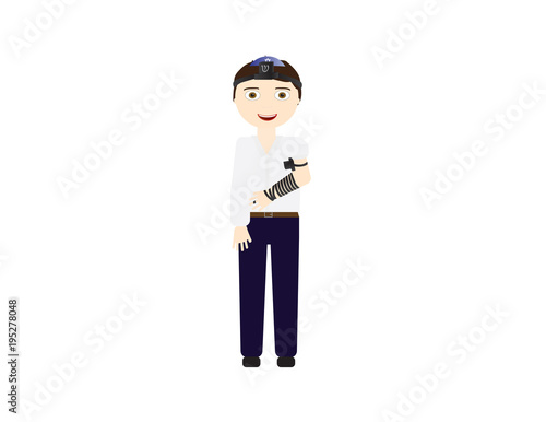 Jewish boy with tefillin vector illustration. Boy celebrating Bar mitzvah, yom kippur, rosh hashanah, Jewish holidays