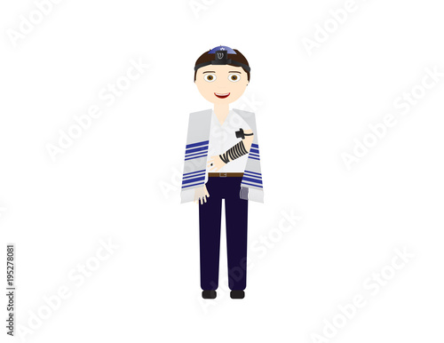 Reform Jewish boy with tefillin and tallit vector illustration. Boy celebrating Bar mitzvah, yom kippur, rosh hashanah, Jewish holidays