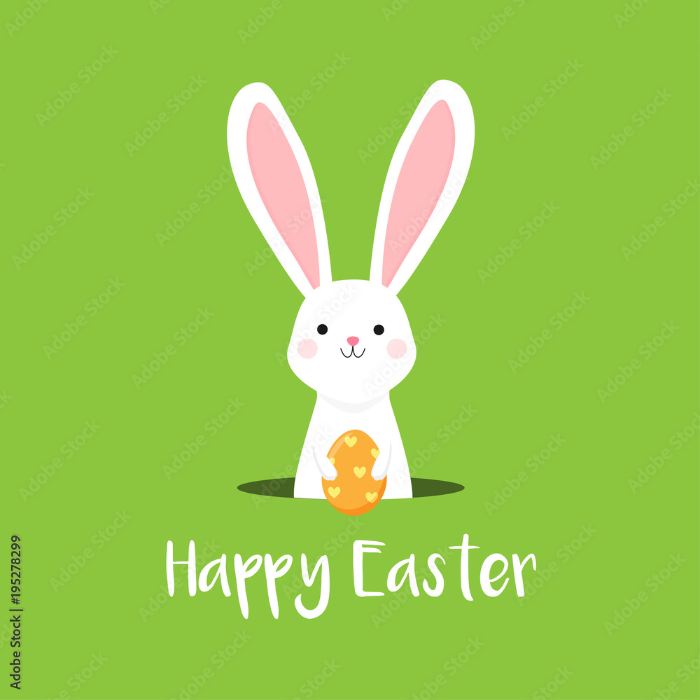 Cute Easter Bunny Holding Orange Easter egg on Green background ...