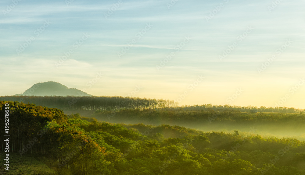 View misty morning sunrise in the hill at Binh Phuoc Province, Vietnam