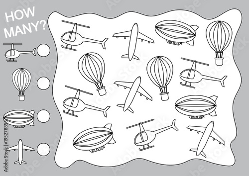 Count how many object of air transport. Counting educational game for children. Paint air transport.