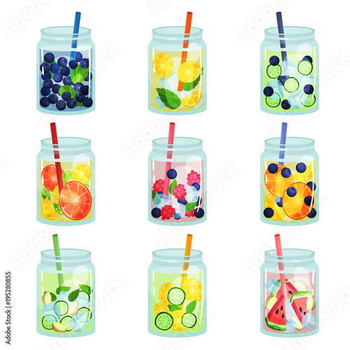 Flat vector set of delicious detox drinks with various ingredients. Refreshing fruit water. Natural and healthy beverages. Organic cocktails in glass jars with straws