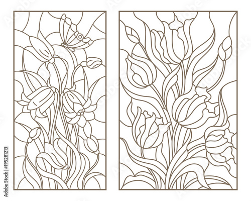 Set of contour stained glass illustrations with bouquets of flowers, tulips and flowers bells, dark outlines on white background