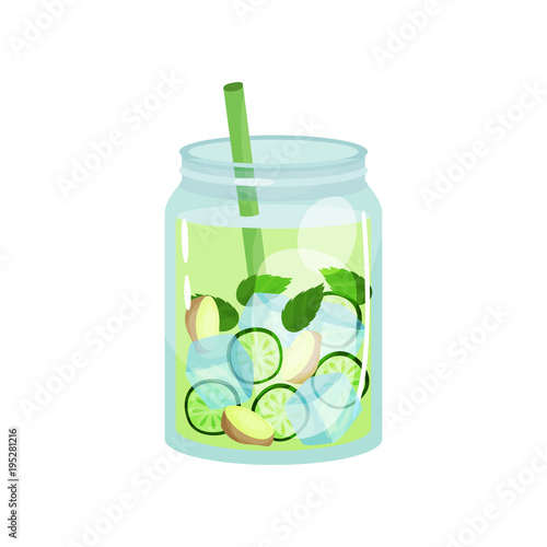 Organic detox drink with ginger, cucumber and mint leaves. Glass jar of natural cocktail with ice cubes and straw. Tasty beverage. Flat vector for promo poster or diet menu