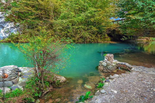 Blue lake in the autumn. Abkhazia  near the lake Ritsa.