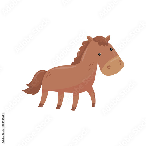 Funny horse with short-haired brown coat, mane and long tail. Farm animal. Large hoofed livestock used for riding, pulling or carrying loads. Flat vector design