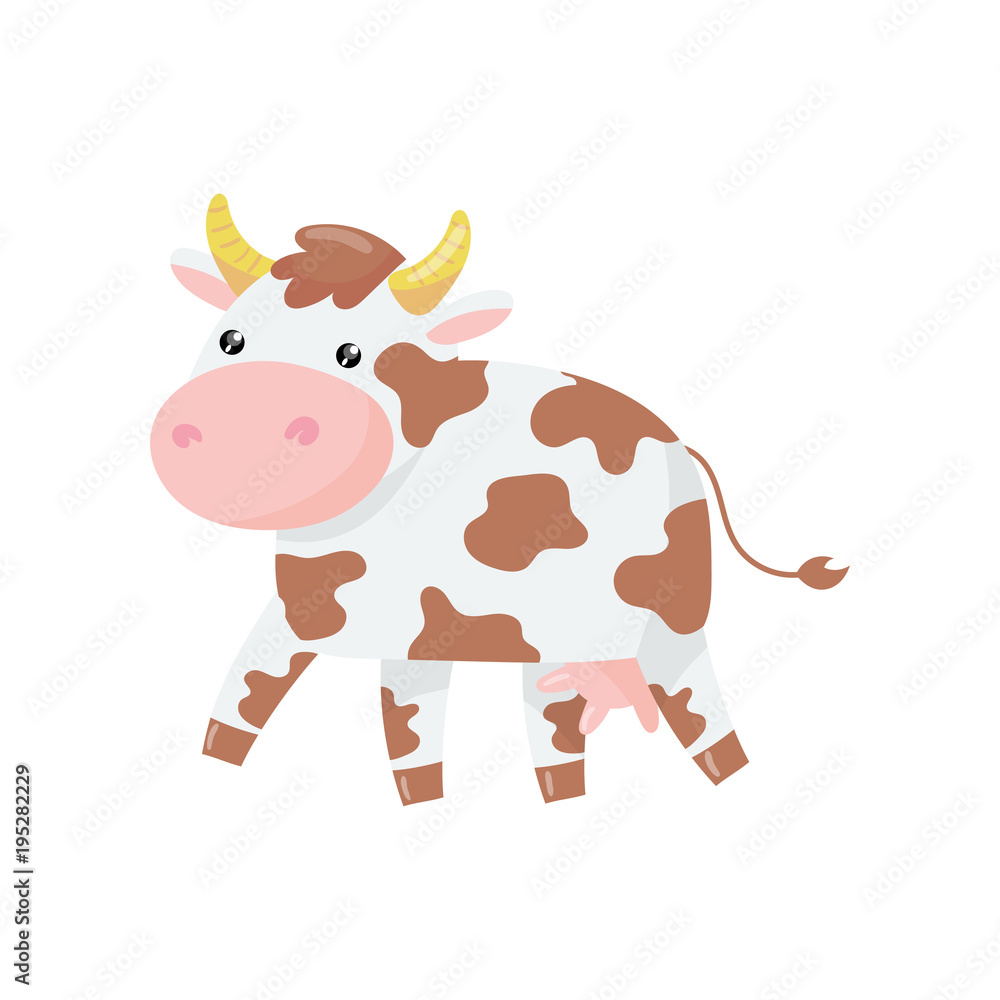 Cartoon illustration of cow with pink nose and brown spots on body. Dairy  cattle. Adorable farm animal with shiny eyes. Large horned livestock.  Colorful flat vector icon Stock Vector | Adobe Stock