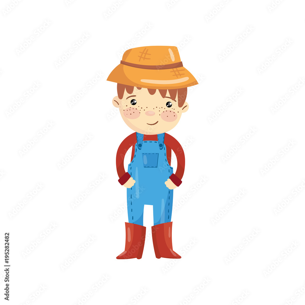 Cartoon character of young farmer in blue overall, red sweater, boots and  straw hat. Little gardener. Smiling boy with shiny eyes and freckles on  face. Flat vector design Stock Vector | Adobe
