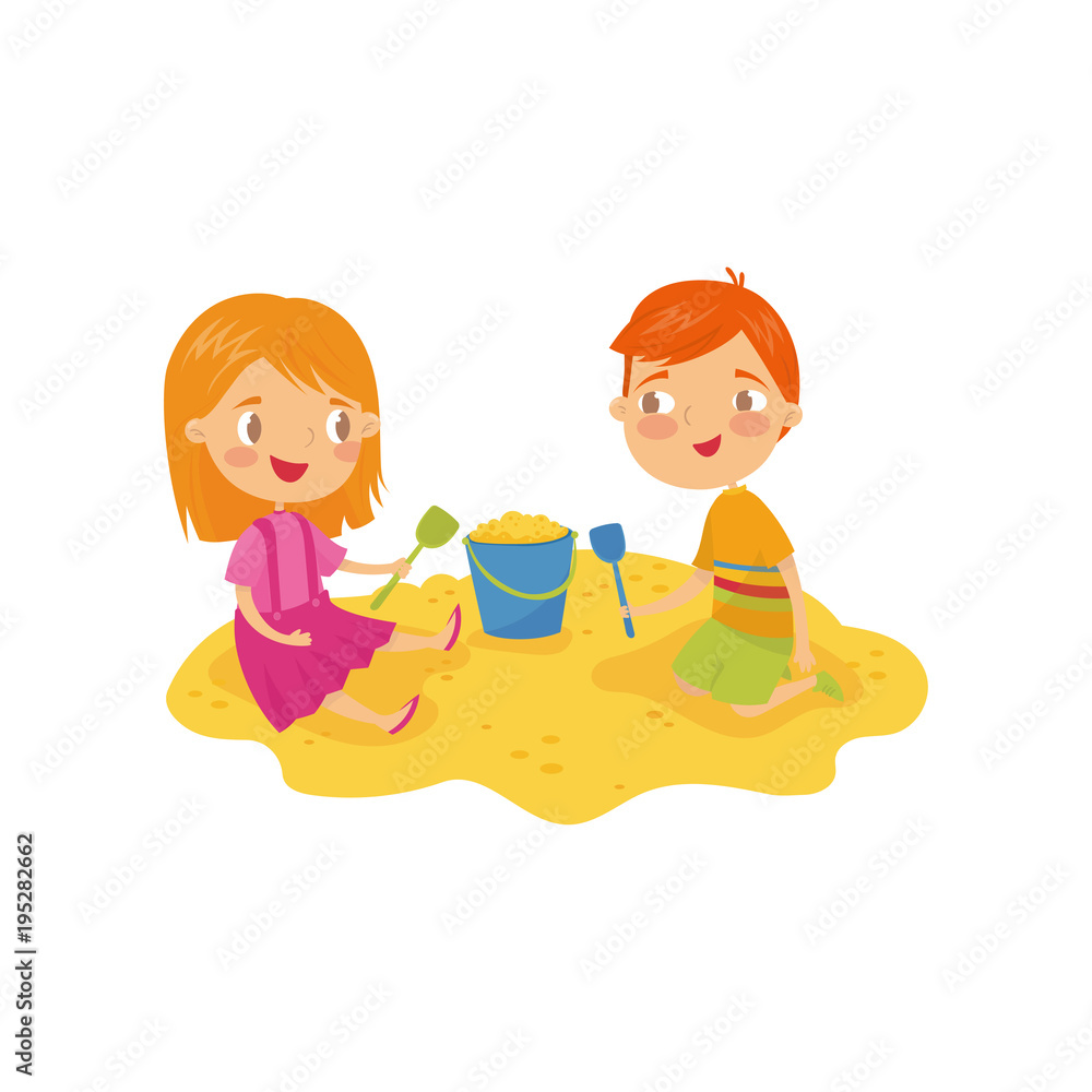 Two little kids, boy and girl playing in sandbox. Children s daily  activity. Cartoon characters of brother and sister. Outdoor game in  kindergarten. Flat vector design Stock Vector | Adobe Stock