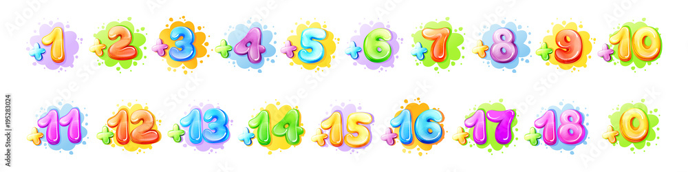 Vector cartoon kids age limit sign set. Children restriction stamps, adhesive stickers movie, game app content. Isolated illustration with from add zero one two three to plus eighteen colored symbols Vector cartoon kids age limit sign set. Children restriction stamps, adhesive stickers movie, game app content. Isolated illustration with from add zero one two three to plus eighteen colored symbols