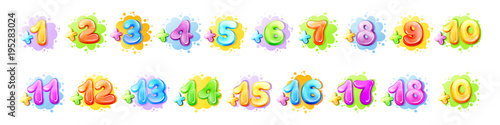 Vector cartoon kids age limit sign set. Children restriction stamps, adhesive stickers movie, game app content. Isolated illustration with from add zero one two three to plus eighteen colored symbols