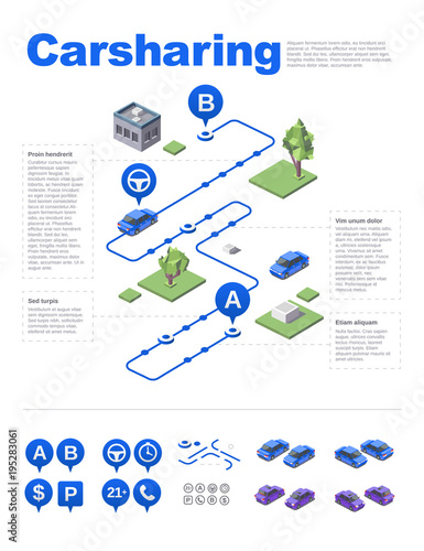 Isometric carsharing vector illustration 3D of car sharing or carpool service location and route direction map with location pin icons. Isolated navigation signs for carsharing city plan infographics