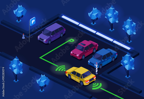 Parking lot isometric 3D vector illustration of night city car parking with illumination technology. Isometric cars on outdoor parking with smart navigation light control and direction marking