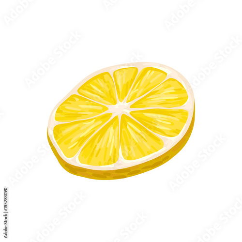 Round slice of bright yellow lemon. Juicy and sweet fruit. Natural citrus product. Graphic design element for candy or tea packaging. Detailed vector illustration