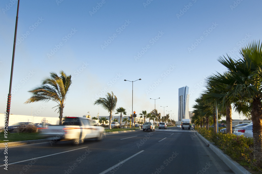 Corniche Shore Street in Jeddah with Cars in Motion, Saudi Arabia