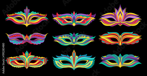 Set of beautiful masquerade masks. Vibrant attributes for costumed party. Decorative flat vector elements for Mardi Gras party poster, invitation or greeting card