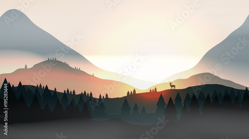 Sunset or Dawn Over Mountains with Stag on Hill Top Pine Forest Landscape - Vector Illustration
