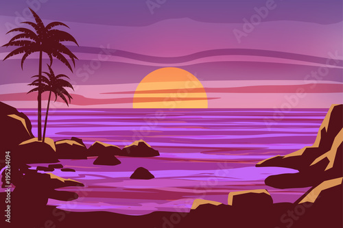 Tropical beautiful sunset, landscape, palms, sea, stones, vector, cartoon style, illustration isolated