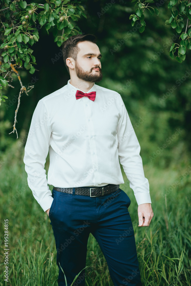 stylish. bearded groom in a butterfly posing in the Park. Rustic hipster portrait. stylish. bearded groom in a butterfly posing in the Park. Rustic hipster portrait.