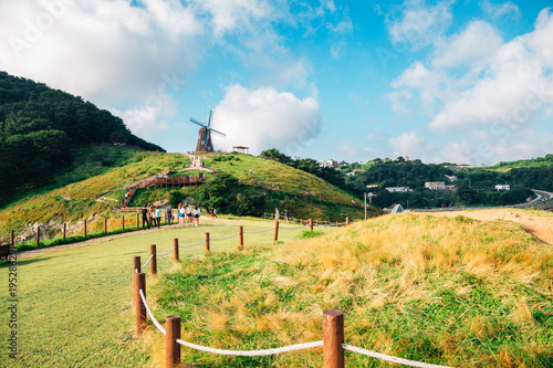 Obraz na płótnie Windmill and nature view at Hill of wind in Geoje, Korea w salonie