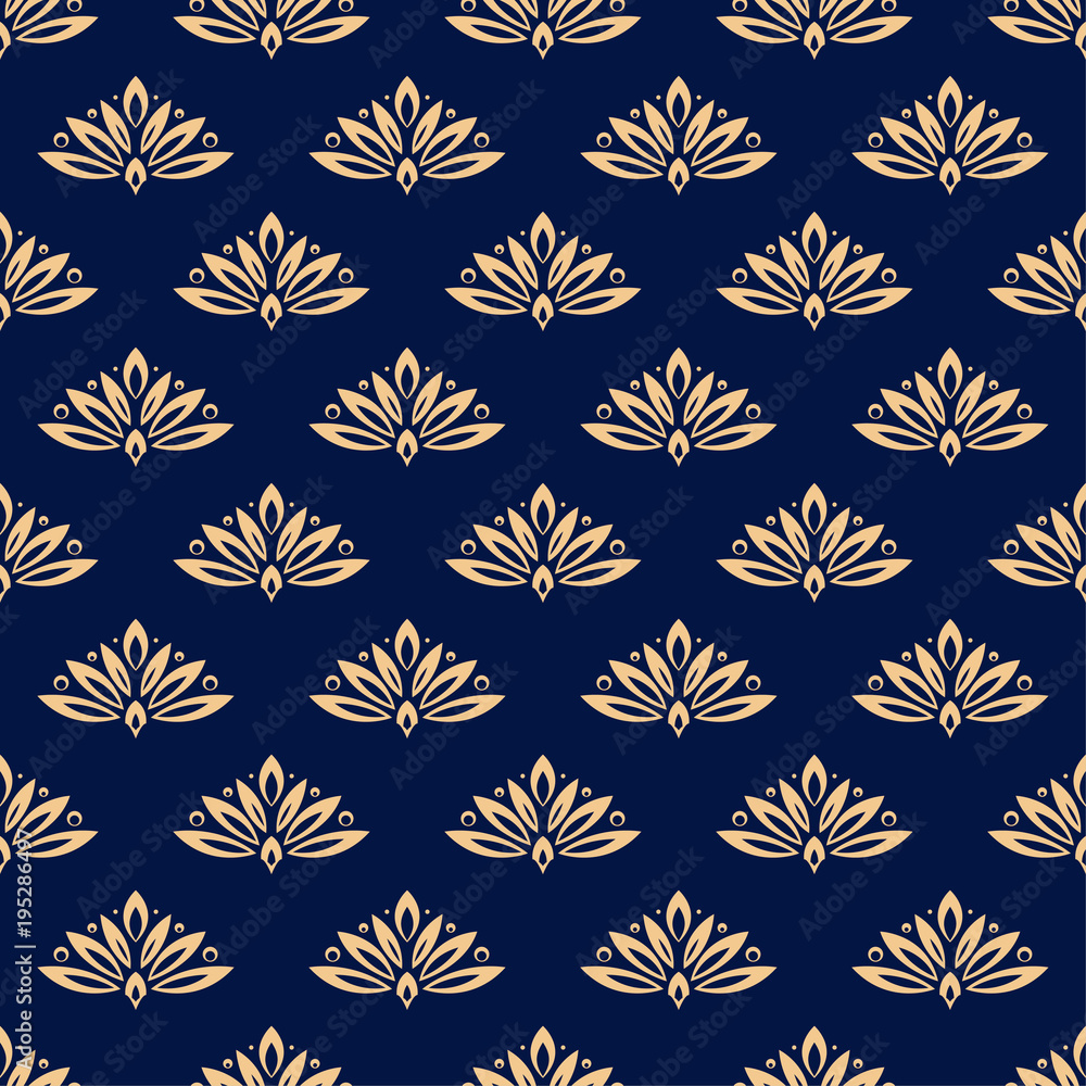 Floral background with golden blue seamless pattern Floral background with golden blue seamless pattern
