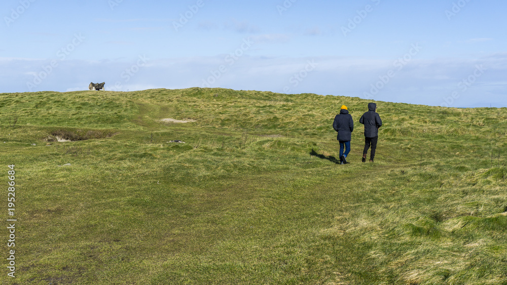 Fototapeta premium Two man walking on classic irish green fields