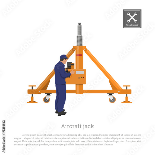 Repair and maintenance of aircraft. Engineer with airplane jack. Industrial drawing of plane gear in flat style. Vector illustration