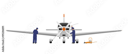 Repair and maintenance of aircraft. Engineers inspects the engine and wing of airplane. Industrial drawing of private plane in flat style. Front view
