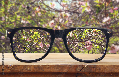 hipster glasses on a wooden rustic table in front of cherry tree flowers.