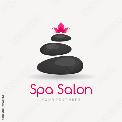 Spa logo template with dark spa stones and lotus flower on the light background. Logo template for beauty salon, yoga center or spa lounge.