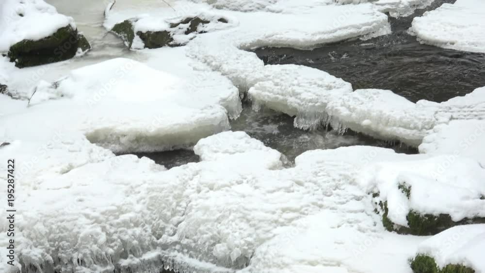 Little cascade with ice and icicles. River in cold snowy winter Little cascade with ice and icicles. River in cold snowy winter