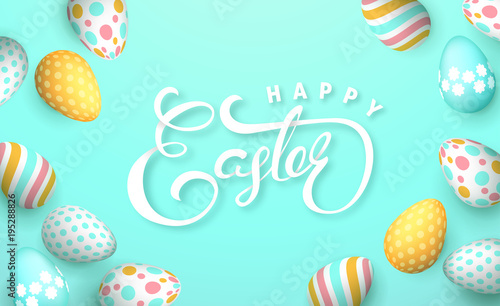 Easter banner background template with beautiful colorful eggs. Vector illustration.