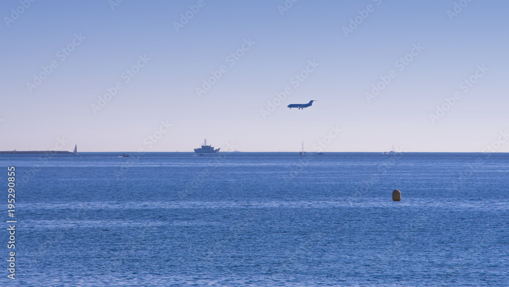 airplane landing near the sea. Marseille, France