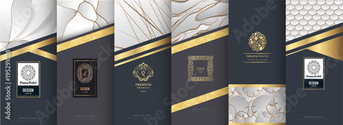 Collection of design elements,labels,icon,frames,for packaging,design of luxury products.for perfume,soap,wine,lotion.Made with golden foil.Isolated on silver and marble background.vector illustration