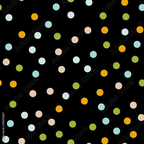 Colorful polka dots seamless pattern on black 1 background. Elegant classic colorful polka dots textile pattern. Seamless scattered confetti fall chaotic decor. Abstract vector illustration.