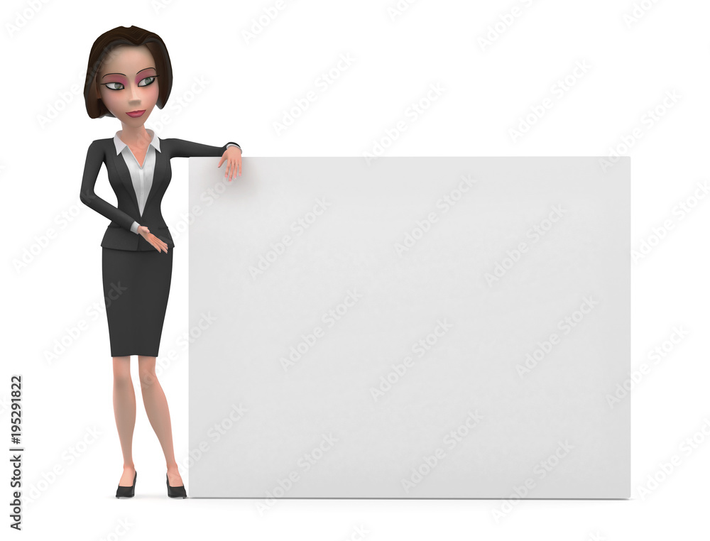 Standing Business woman wears Gray suit. She point out on white board near her isolated on white - 3d illustration Standing Business woman wears Gray suit. She point out on white board near her isolated on white - 3d illustration