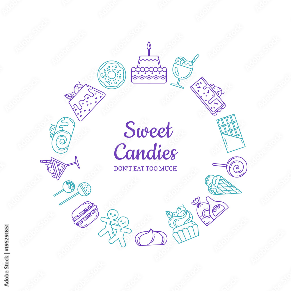 Fototapeta premium Vector linear style sweets icons