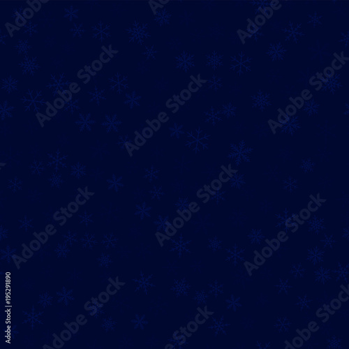 Transparent snowflakes seamless pattern on dark blue Christmas background. Chaotic scattered transparent snowflakes. Attractive Christmas creative pattern. Vector illustration.